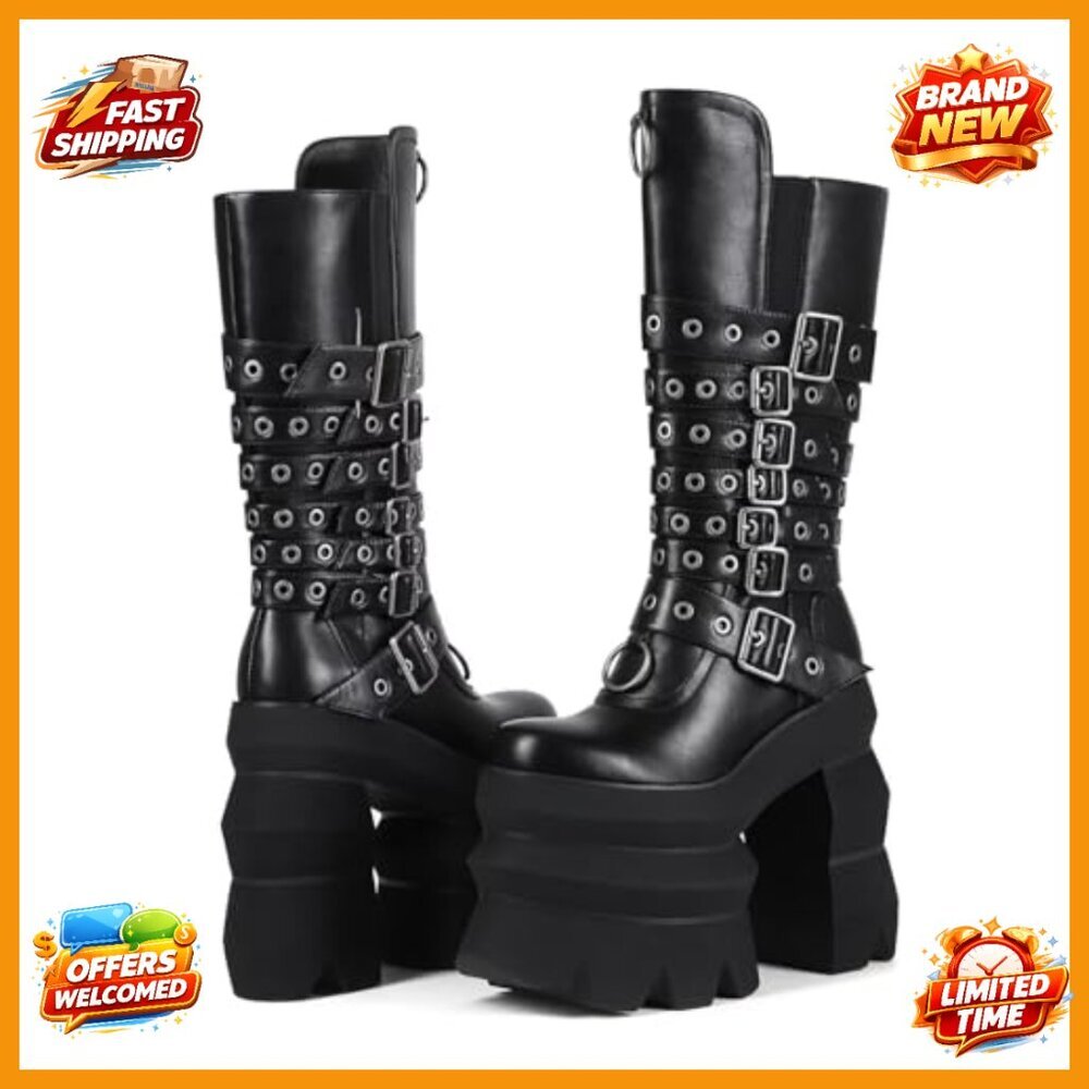 Platform Heel Mid-Calf Boots with Buckle Detail, Synthetic Leather, Wide Calf - Picture 6 of 7